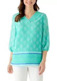 Women's 3/4 Sleeve Border Print Top