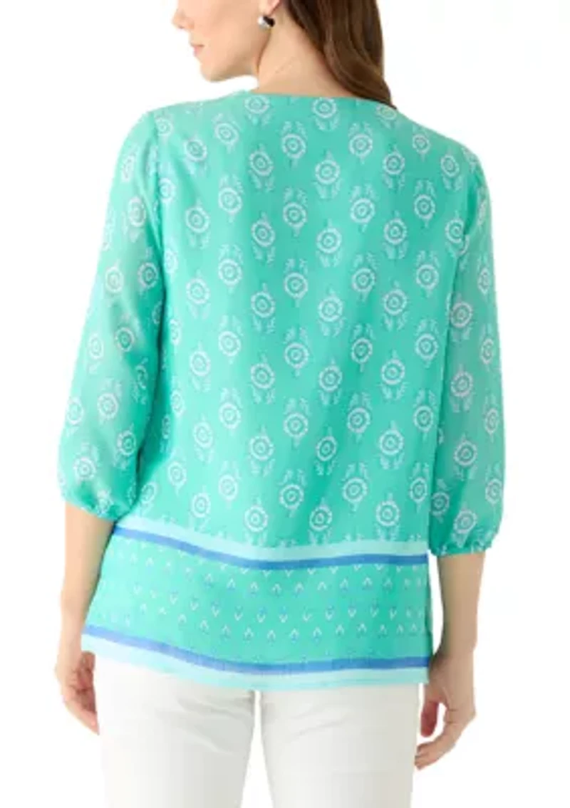 Women's 3/4 Sleeve Border Print Top