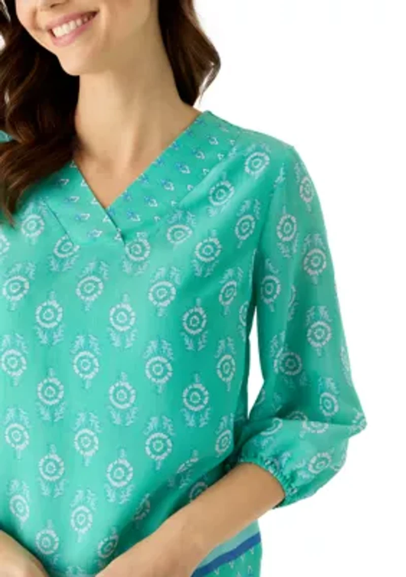 Women's 3/4 Sleeve Border Print Top