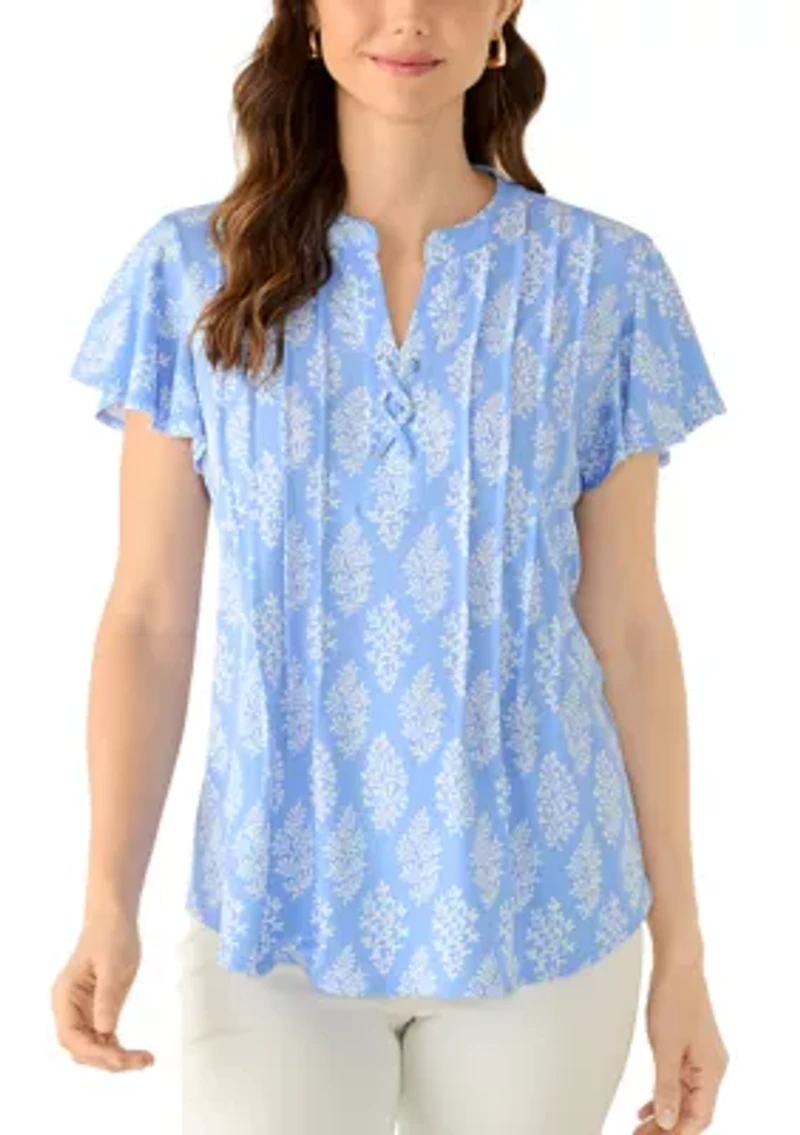 Women's Short Flutter Sleeve Henley Top with Lace Detail