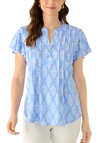 Women's Short Flutter Sleeve Henley Top with Lace Detail