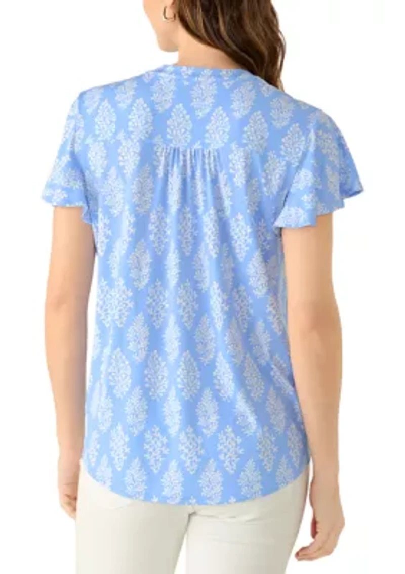Women's Short Flutter Sleeve Henley Top with Lace Detail