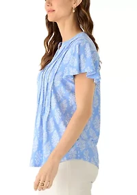 Women's Short Flutter Sleeve Henley Top with Lace Detail