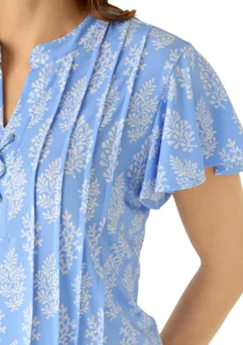 Women's Short Flutter Sleeve Henley Top with Lace Detail