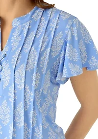 Women's Short Flutter Sleeve Henley Top with Lace Detail