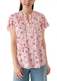 Women's Flutter Sleeve Henley with Lace Detail