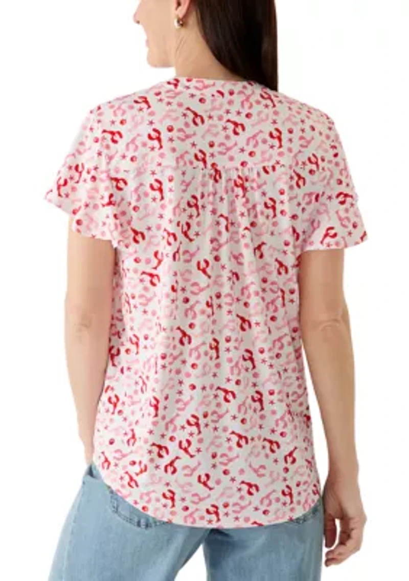 Women's Flutter Sleeve Henley with Lace Detail