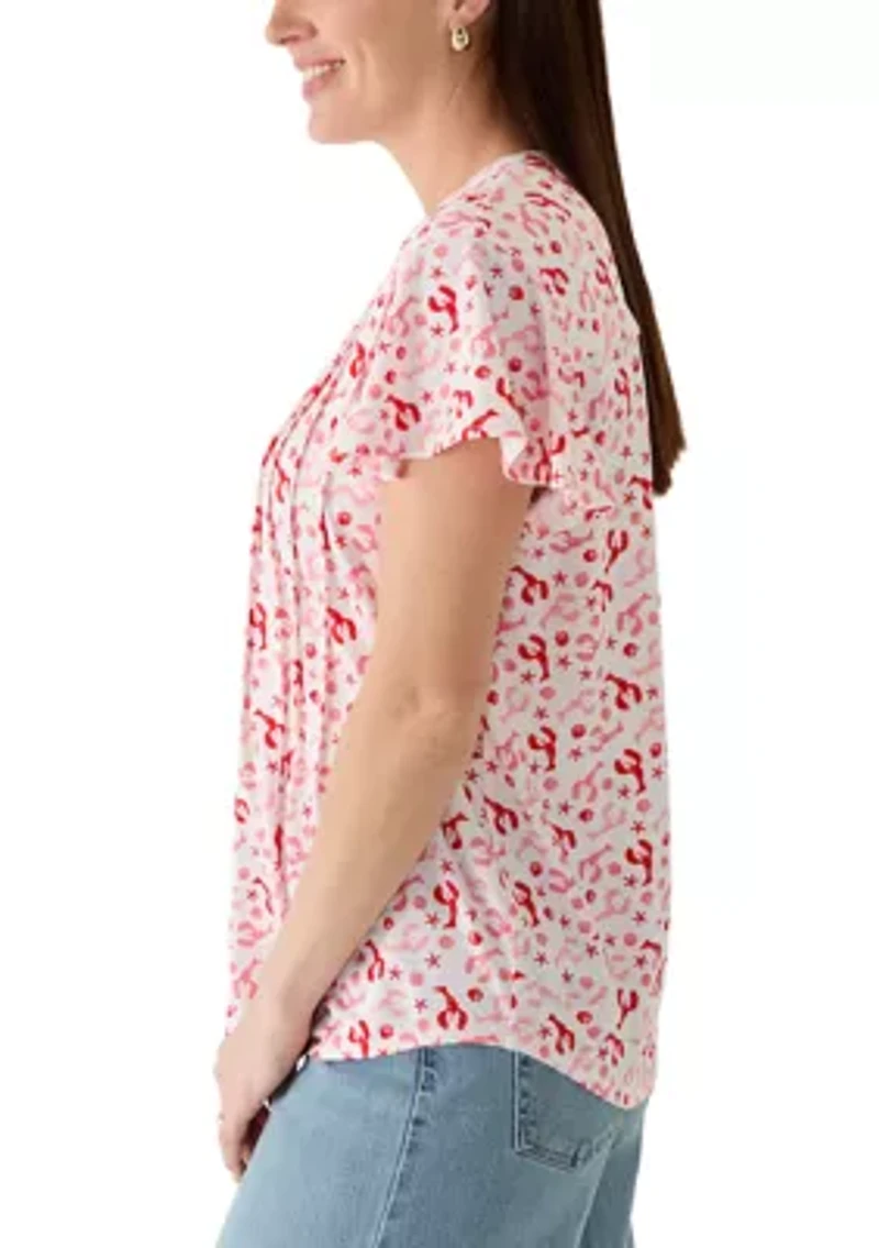 Women's Flutter Sleeve Henley with Lace Detail