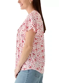 Women's Flutter Sleeve Henley with Lace Detail