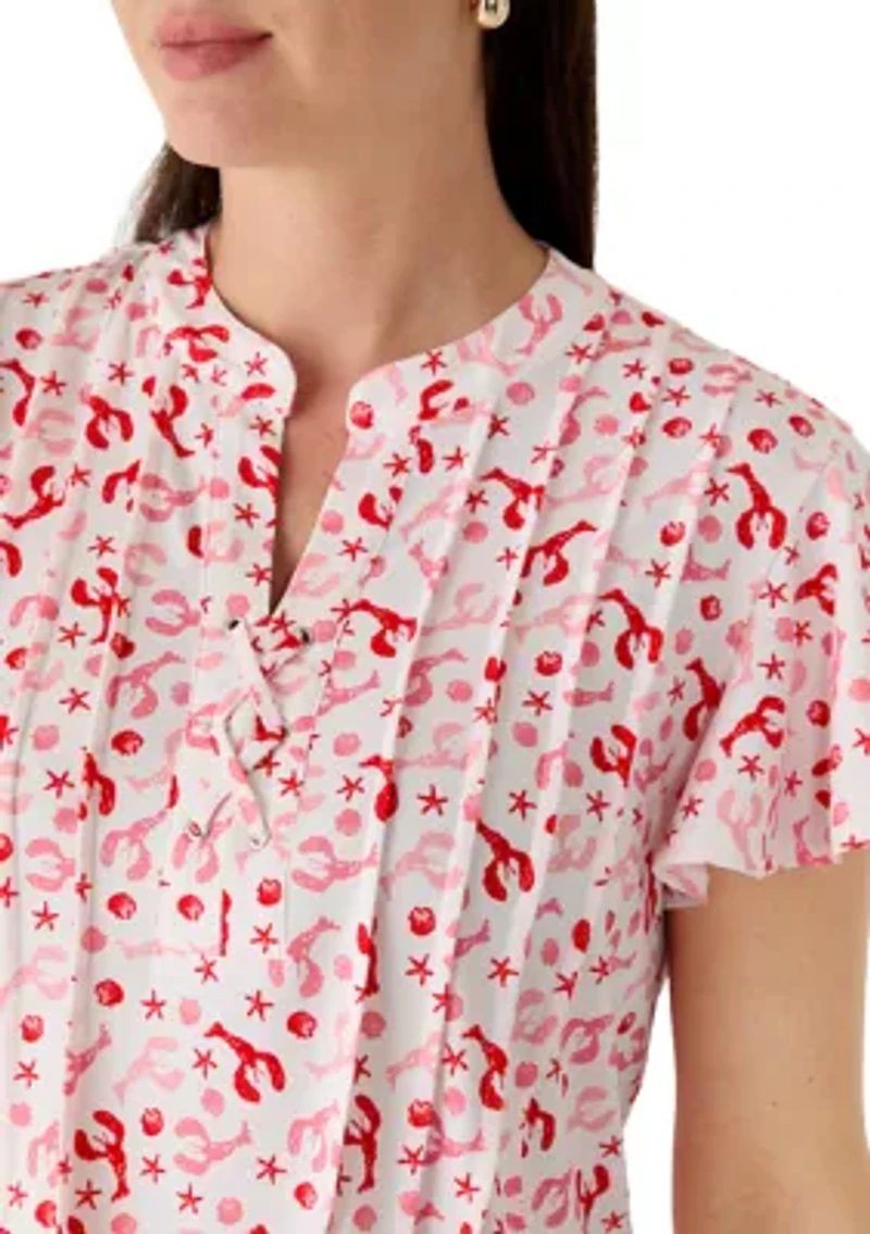 Women's Flutter Sleeve Henley with Lace Detail