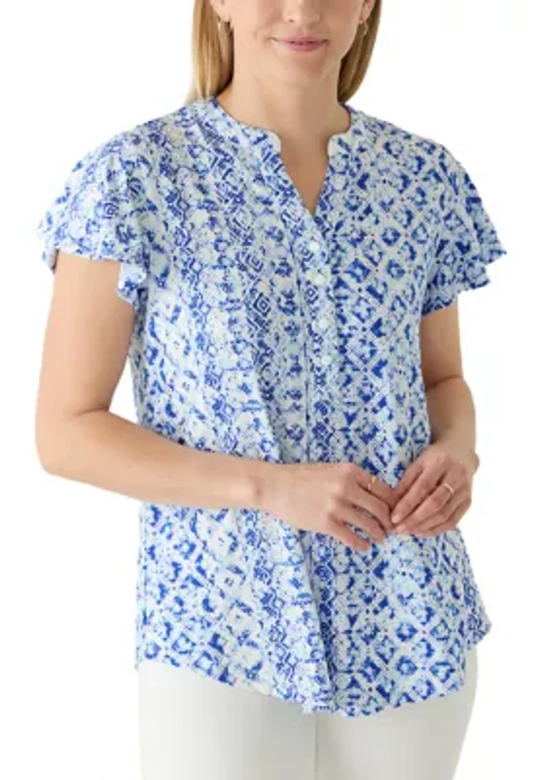 Women's Short Flutter Sleeve Knit Henley Top