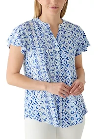 Women's Short Flutter Sleeve Knit Henley Top