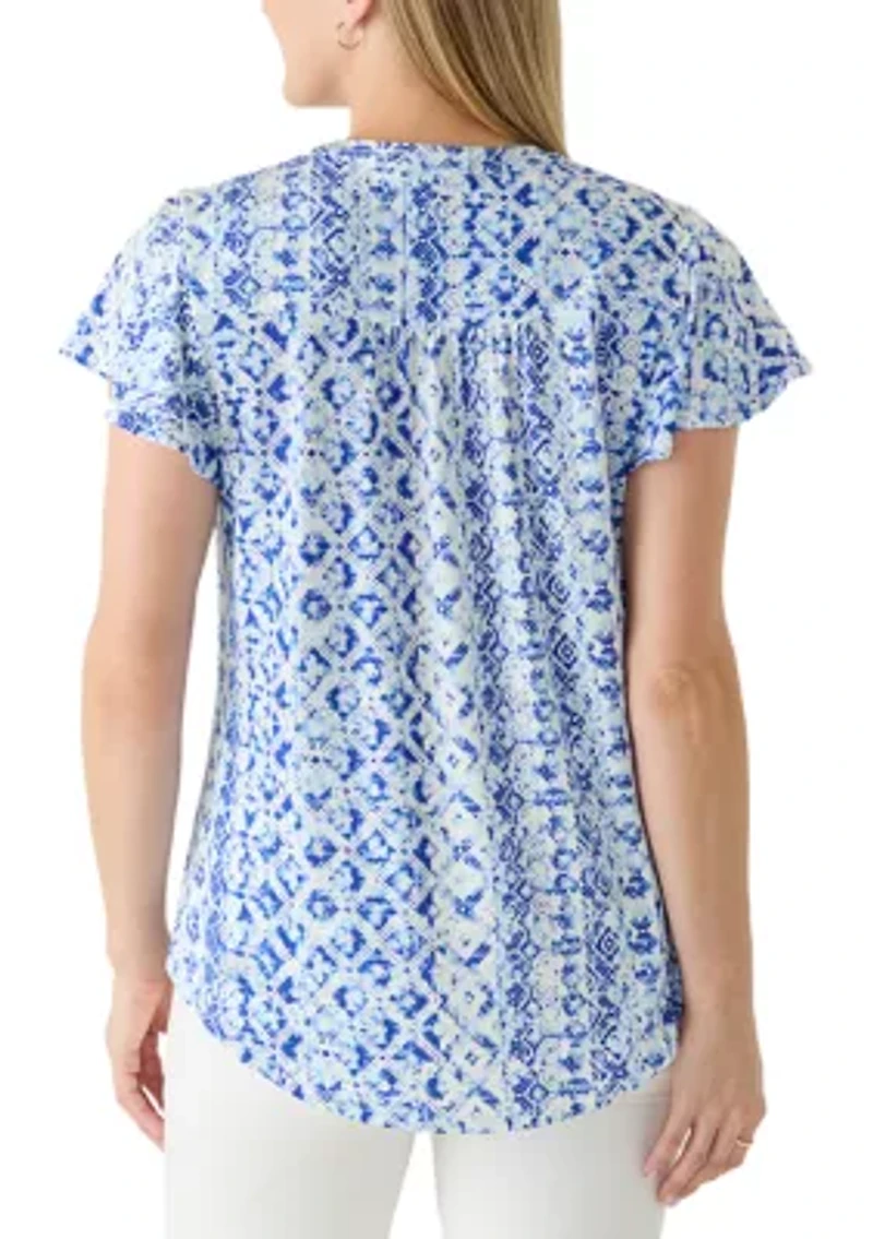 Women's Short Flutter Sleeve Knit Henley Top