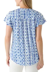 Women's Short Flutter Sleeve Knit Henley Top