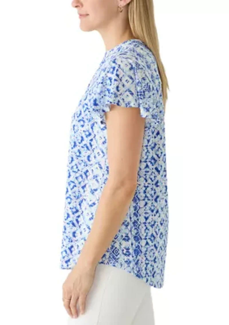 Women's Short Flutter Sleeve Knit Henley Top