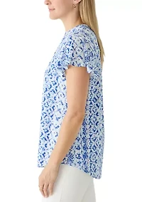 Women's Short Flutter Sleeve Knit Henley Top