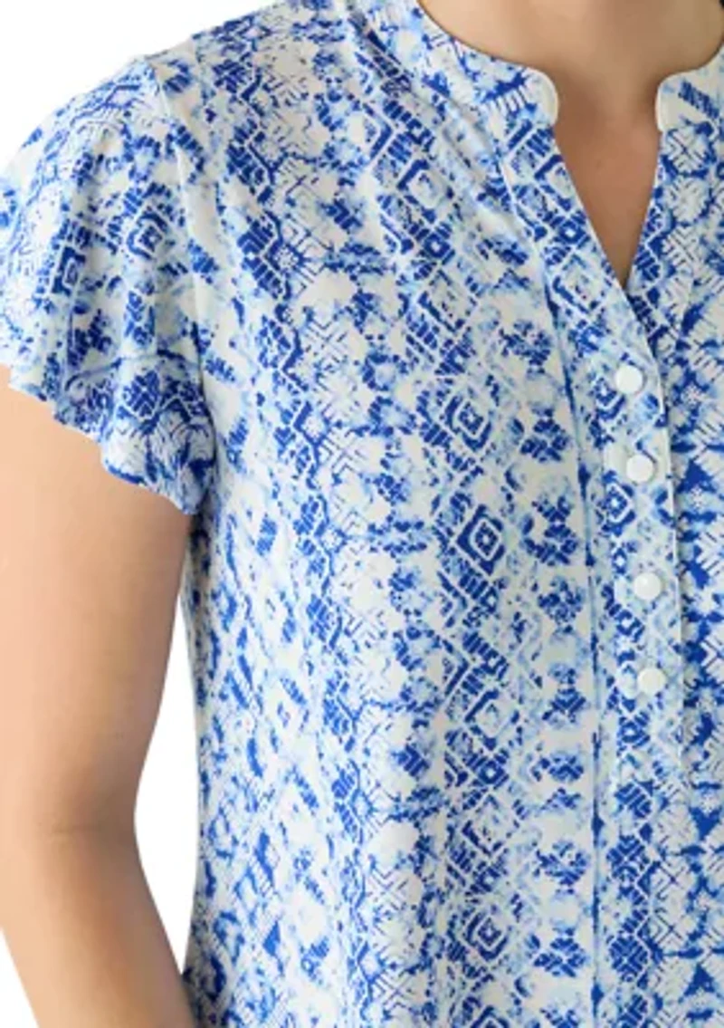 Women's Short Flutter Sleeve Knit Henley Top
