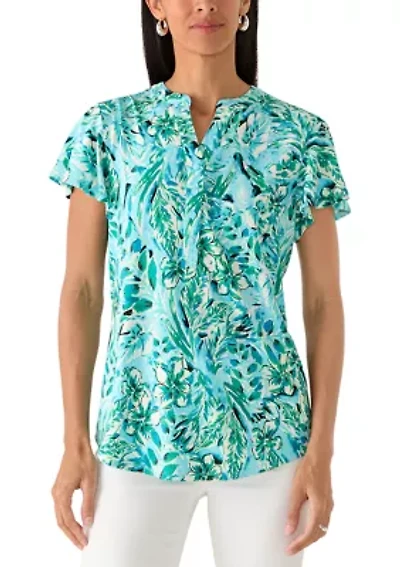 Women's Short Ruffle Sleeve Knit Henley Top