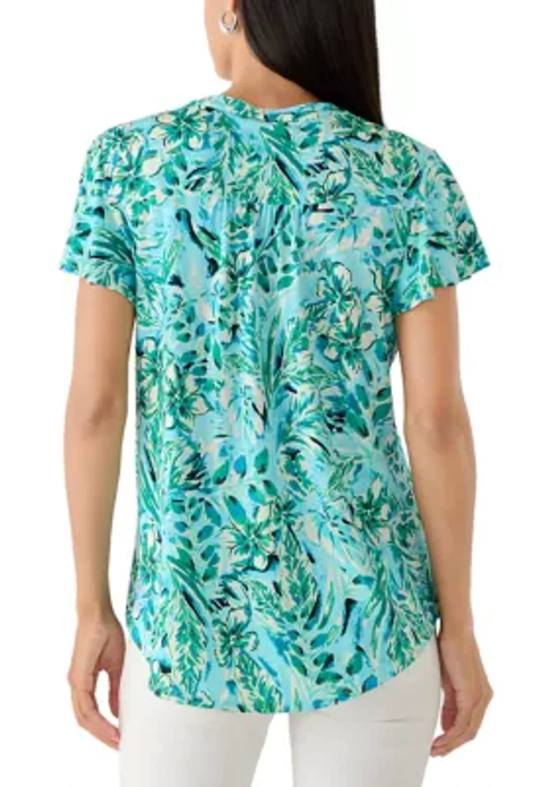 Women's Short Ruffle Sleeve Knit Henley Top