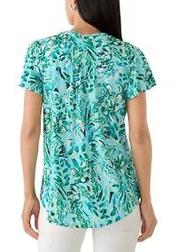 Women's Short Ruffle Sleeve Knit Henley Top