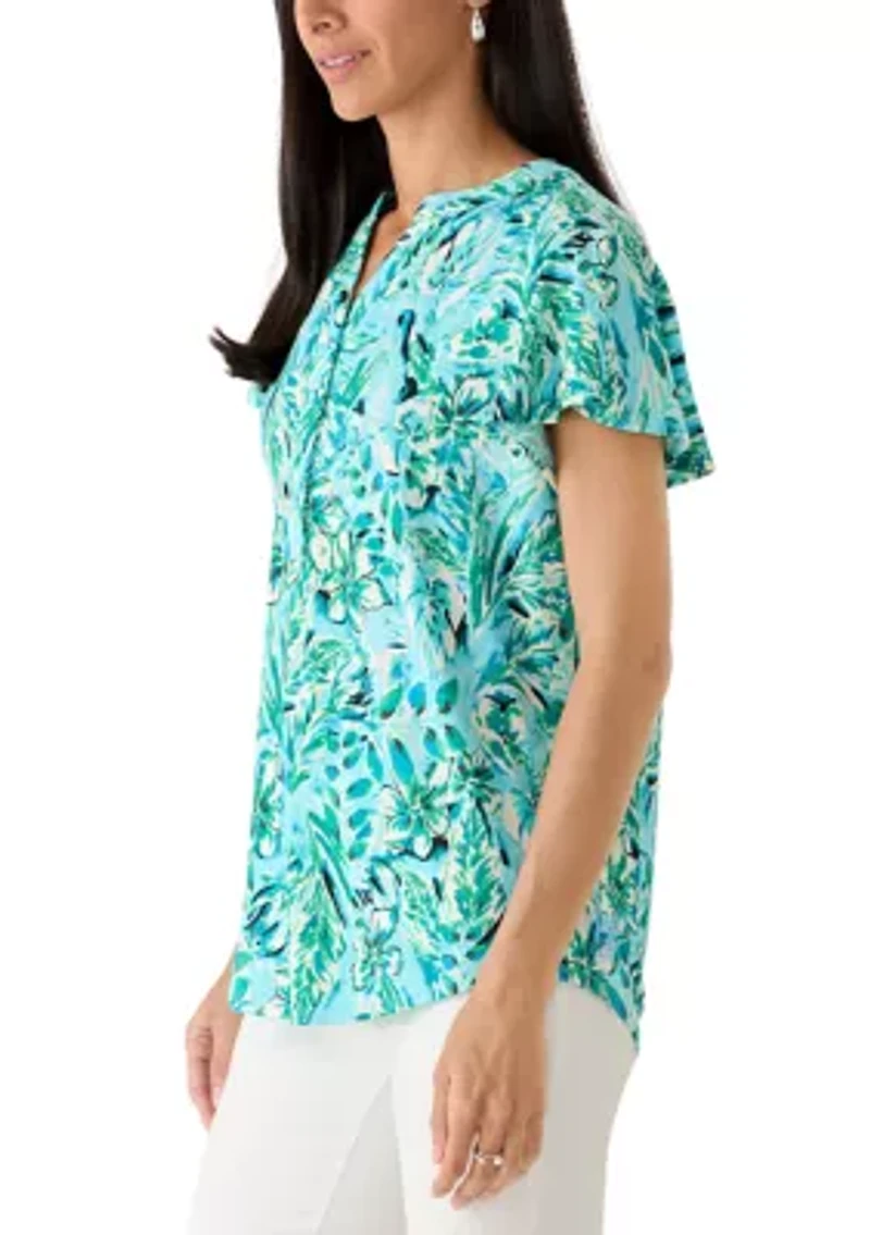 Women's Short Ruffle Sleeve Knit Henley Top