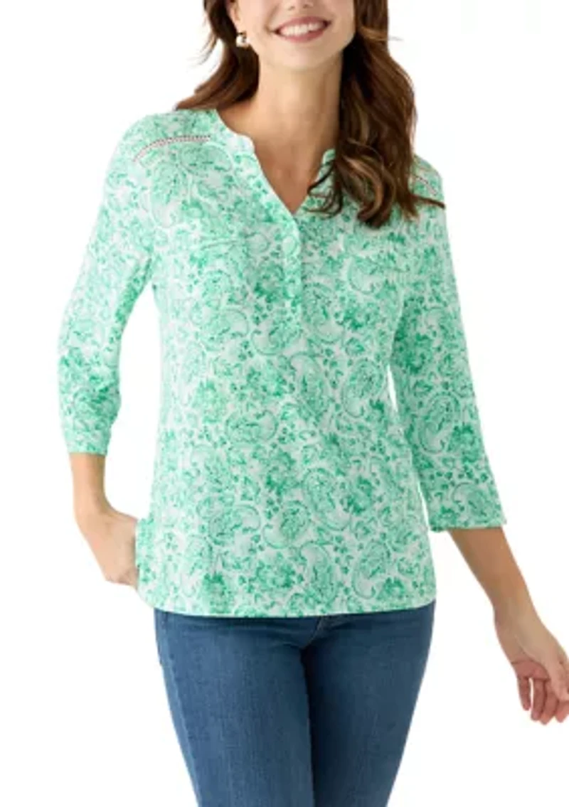 Women's Knit Henley Trim Printed Top