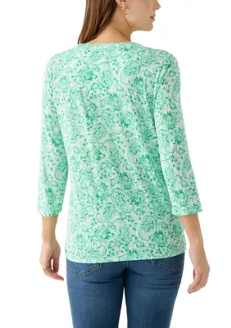 Women's Knit Henley Trim Printed Top