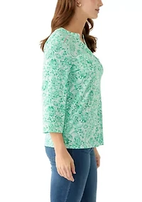 Women's Knit Henley Trim Printed Top