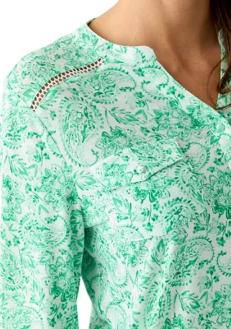 Women's Knit Henley Trim Printed Top