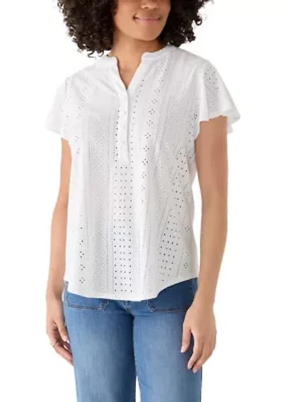 Women's Flutter Sleeve Knit Eyelet Henley Top