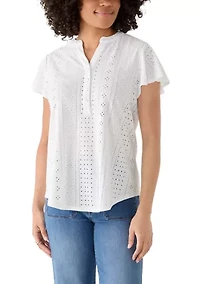 Women's Flutter Sleeve Knit Eyelet Henley Top