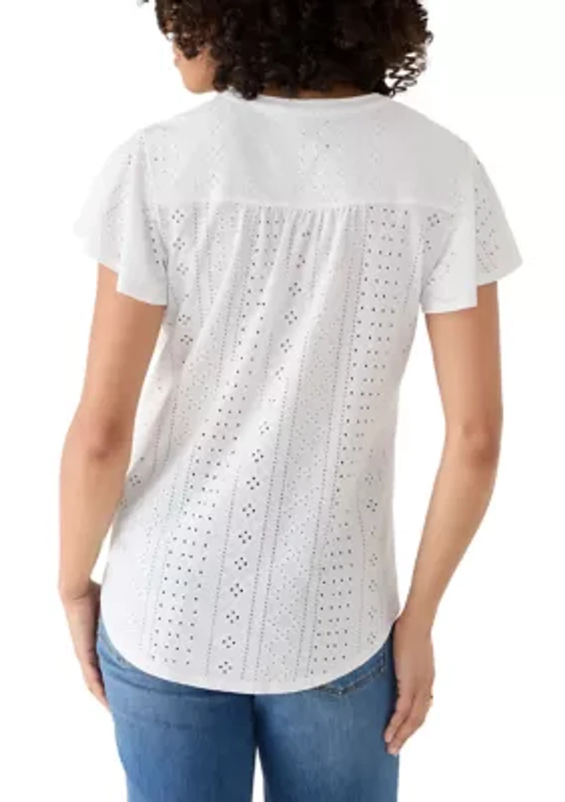 Women's Flutter Sleeve Knit Eyelet Henley Top