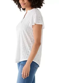 Women's Flutter Sleeve Knit Eyelet Henley Top