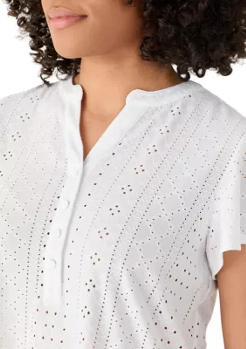 Women's Flutter Sleeve Knit Eyelet Henley Top