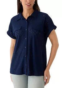 Women's Short Sleeve Knit Eyelet Camp Shirt