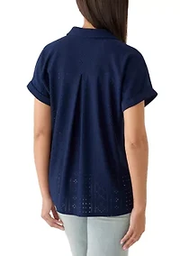 Women's Short Sleeve Knit Eyelet Camp Shirt