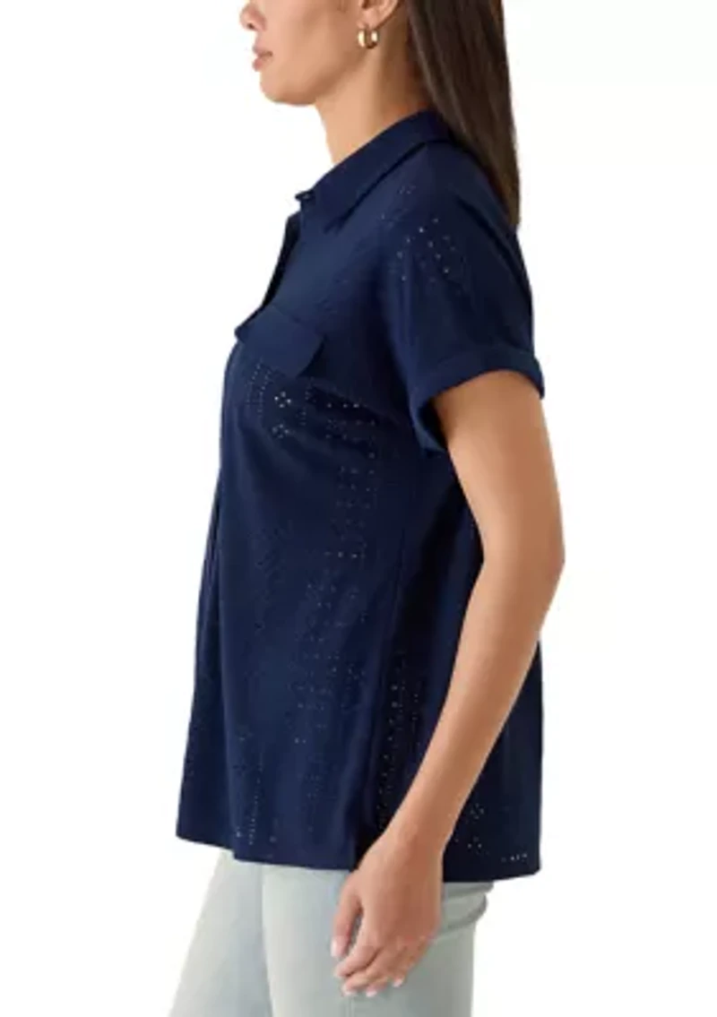 Women's Short Sleeve Knit Eyelet Camp Shirt