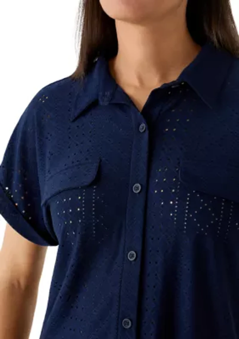 Women's Short Sleeve Knit Eyelet Camp Shirt