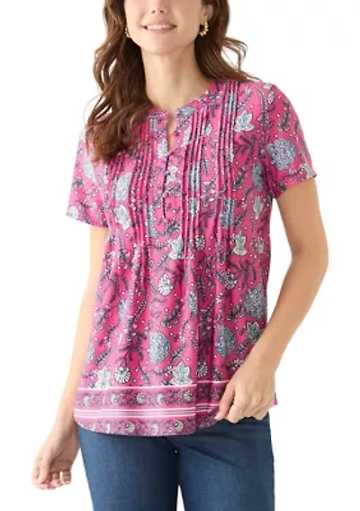 Women's Short Sleeve Printed Pleated Top