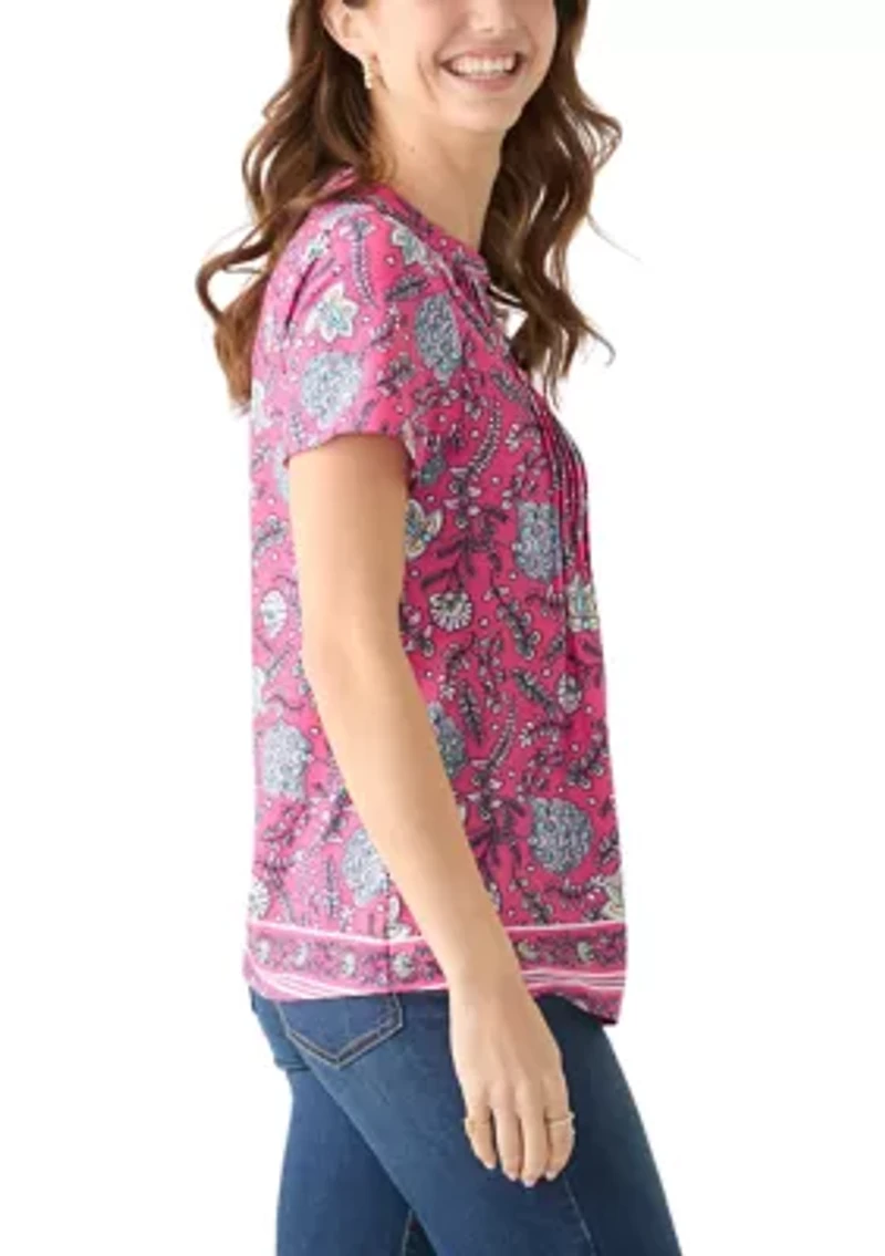 Women's Short Sleeve Printed Pleated Top