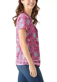 Women's Short Sleeve Printed Pleated Top