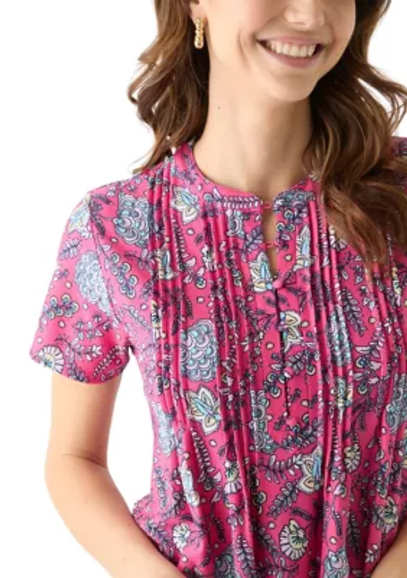 Women's Short Sleeve Printed Pleated Top