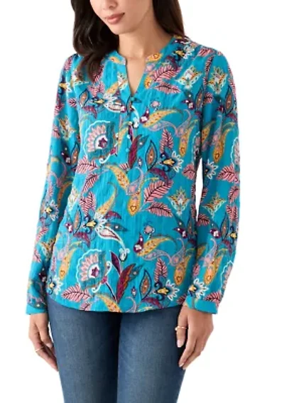 Women's Split Neck Long Sleeve Textured Henley Shirt