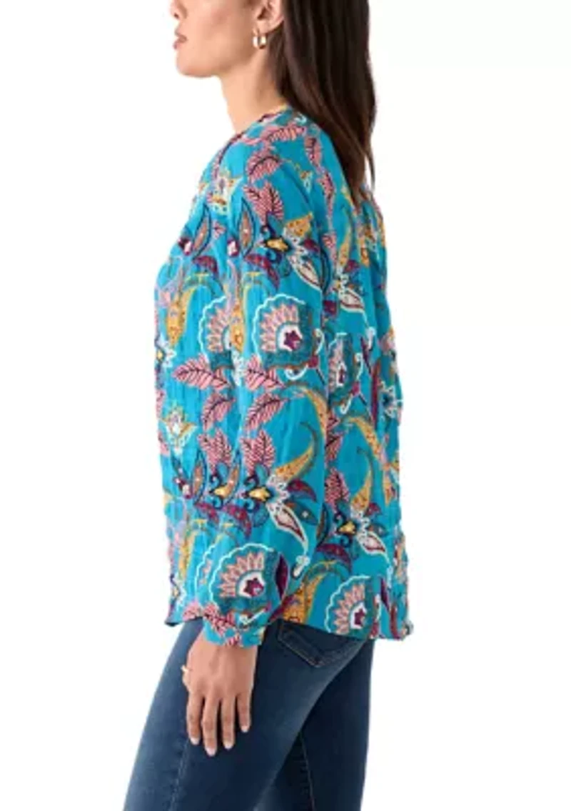 Women's Split Neck Long Sleeve Textured Henley Shirt