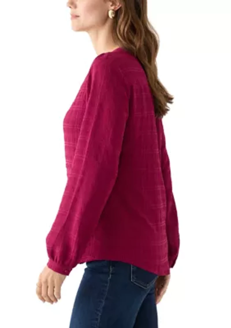 Women's Long Sleeve Textured Henley Top