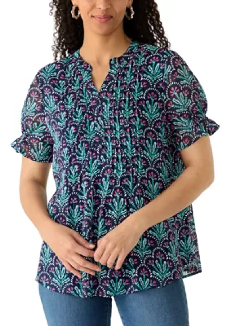 Women's Henley Smocked Print Top