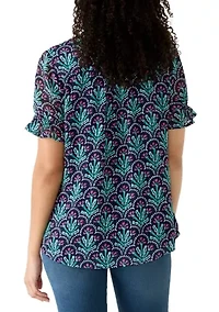 Women's Henley Smocked Print Top