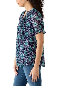 Women's Henley Smocked Print Top
