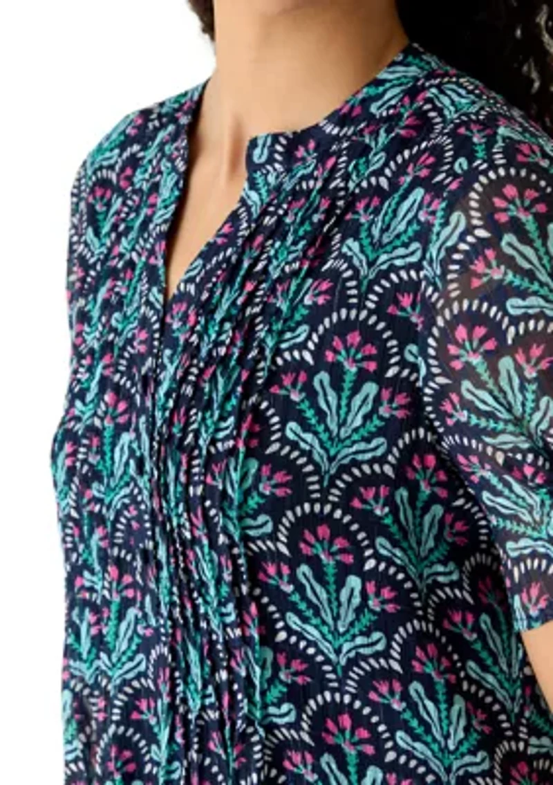 Women's Henley Smocked Print Top