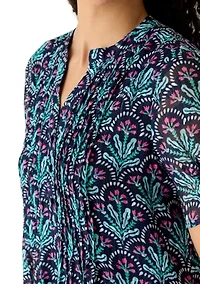 Women's Henley Smocked Print Top